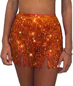 MESU Womens Belly Dance Hip Skirt Tassel Scarf Sequin Wrap Rave Costume Music Festival Costumes for Girls Orange