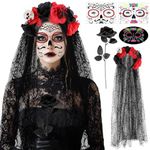 SelfTek Day of the Dead Costumes for Women, Day of the Dead Headband Veil, Face Tattoo and Fake Black Rose for Dia De Los Muertos Costume Halloween Sugar Skull Costume Accessories