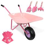 Altdorff Kids Wheelbarrow Set Metal, Child Wheel Barrel Pink Easy to Assemble and Garden Tools Kit Include Hand Rake, Shovel and Mini Rake, Kid Garden Glove