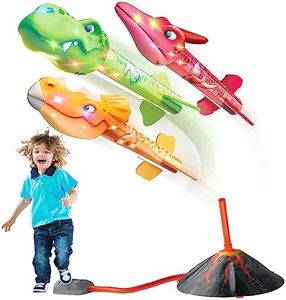 PELOSTA Dino Foam Rocket Launcher for Kids,Dinosaur Toys for 3-12 Year Old Boys&Girls - 3 LED Foam Rockets&Stomp Launcher-Up to 100Ft,Outdoor Toy for Preschool-Christmas/Birthday Gifts for Kids Age 3+