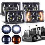 LEDUR 4x6 led headlights 4pcs Hi/Lo DRL Signal beam Black Truck Rectangle Led Headlight Replacement Assembly DRL H4651 H4652 H4656 H4666 H6545 Replacement Compatible with Kenworth Freightline