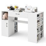 COSTWAY Wooden Sewing Table, 2-in-1 Artwork Craft Table with Drawer, 14 Open Compartments, Adjustable Shelf & Door Cabinet, Drafting Sewing Machine Table Computer Desk Workstation, 135x60x91cm, White