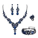 Ever Faith Navy Blue Jewellery Sets for Women, Sparkly Rhinestone Crystal Vintage Floral Wave Teardrop Pendant Necklace Dangle Earrings Bracelet Ring Set Black-Tone