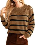 GRACE KARIN Women's Fall Winter Striped Sweater Oversized Long Sleeve Loose Knit Sweater Crewneck Trendy Pullover Tops Khaki XL