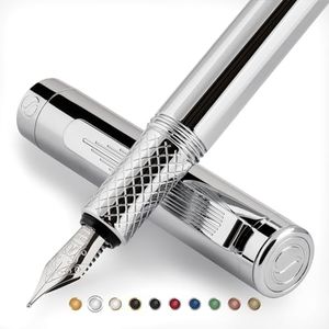 Scriveiner Pluma Estilográfica EDC de Lujo (Mediana), Impresionante Pluma Pesada de Bolsillo con Acabado Cromado, Plumín Alemán Schmidt, Convertidor, Set de Pluma de Escritura de Diseño para Regalo