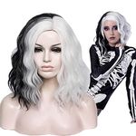 Aicos Short Black and White Costume Wig for Women Halloween Spooky Curly Wig Daily Dress Carnival Party Masquerade Anime Cosplay Wig +Wig Cap