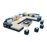 LUKRAIN Furniture Modern U Shape Sectional Sofa | Luxury 10 Seater Living Room Sofa Set | Without Centre Table Long Seat Sofa Set for Home & Office (Blue & White) Pack of 1 (Wood)