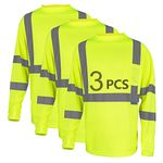 LX Reflective High Visibility Reflective Safety T Shirt Long Sleeve Breathable Fast Dry Mesh T Shirt Class 3, Yellow-3pcs, Large