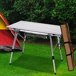 Levede Roll Up Camping Table Aluminium Portable Picnic Outdoor Foldable 90cm x 53cm Adjustable,Folding BBQ Desk with Carry Bag for Hiking Fishing Camp Beach Lightweight Fold Furniture Equipment Silver