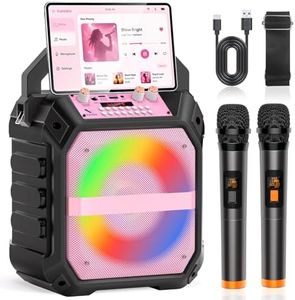 Karaoke Machine for Adults & Kids with 2 Wireless Microphones, Portable Bluetooth Karaoke Speaker with Echo Adjustment, LED Lights, TF/USB/AUX,FM,REC for Home Party, Family Fun