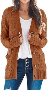 MEROKEETY Women's 2024 Fall Long Sleeve Cable Knit Sweater Open Front Cardigan Button Loose Outerwear Brown