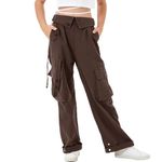 Rolanko Girls Baggy Cargo Trousers, Elastic High Rise Waist with Multi Pockets Wide Leg Cargos Pants for Kids, Brown, Size: 150/10-11 Years