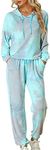 Allegra K Women's 2 Piece Sweatsuits Tie Dye Pullover Hoodie Drawstring Jogging Tracksuit Sports Outfit Light Blue Medium