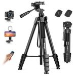 Nineigh Camera Phone Tripod, 75'' Lightweight DSLR Tripod Camera Stand with 3 Way Pan Head, Horizontal Tripod for Smartphone with Remote and Carry Bag for Travel Video Photography YouTube Vlog