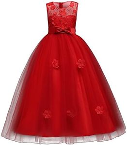 IBTOM CASTLE Little Big Girls’Tulle Retro Vintage Dresses Flower Lace Pageant Party Wedding Bridesmaid Floor Length Dance Evening Gowns Red 12-13 Years