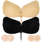 GOOPOOL Stick on Bra, 2 Pack Strapless Backless Bra for Women, Reusable Strapless Push Up Bra with Drawstring, Skin-Friendly Adhesive Invisible Bras with for Wedding, Party, Daily Wear