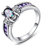 Psiroy 925 Sterling Silver Plated Oval Simulated Rainbow Topaz Ring for Women, Sterling Silver