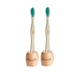 Organic B Neem Wood Manual Toothbrush With Soft & Sensitive Green Bristles Pack Of 2 For Adults With Toothbrush Stands|Natural Wooden Toothbrush For Men & Women With Biodegradable Handle