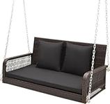 DORTALA Hanging Porch Swing, 2 Person Patio Wicker Swing Bench Chair with Metal Frame, Cushions, Chains & Hooks, Outdoor PE Rattan Swing Loveseat for Deck Backyard Garden, Black