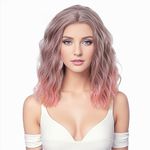 Yamel Wavy Bob Wig Grey Pink Synthetic Hair Shoulder Length 14 Inch Short Curly Middle Part Lace Front Wigs for Women