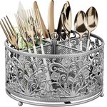 YIUKEA 360° Rotating Utensil Caddy - Silverware Cutlery Caddy Holder with 4 Compartment, Metal Flatware Organizer Countertop with Handle for Party Camping Picnic, Kitchen Counter, Office (Silver)