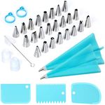 34Pcs Piping Bags and Tips Set, Bake Cake Decorating Kit with 24 Stainless Steel Tips, 2 Reusable Silicone Pastry Bags, 3 Icing Smoother, 2 Couplers, 2 Frosting Bags Ties and 1Pipe Brush