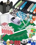 Deluxe Casino Poker Set: Shuffler + Card Shoe + 300 Chips + Double-Sided Felt + 8Deck Playing Cards + Chip Rake + Bell + Dice + Cut Cards + Casino Buttons + 4 Batteries (Casino Professional Super Set)