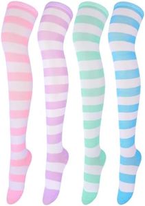 Aneco 4 Pairs Over Knee High Stripe Socks Halloween Cosplay Accessories for Adult Woman (One Size, Mixed Rainbow Colors)