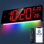 XREXS 16 Inch Bluetooth Digital Wall Clock, Auto Sync Time, 6 Colors Night Lights Large Digital Clock with Remote, Auto-Dimming Clock with Calendar/Timer/Alarm for Home, Gym, Office and Classroom