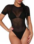 Avidlove Sexy Sheer Mesh Bodysuit for Women Black Short Sleeve Body Suit Snap Crotch Leotard(X-Large)