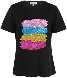PESION Womens Metallic Sparkle Sequin Stripes Tops Shiny Rainbow T Shirt Blouse, Black+ Sequin Stripes, Large