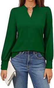 GAMISS Womens Long Sleeve Shirt Tunic Tops Casual V Neck Button Blouse Green, L