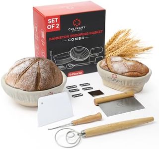 Culinary Couture Bread Proofing Basket Set of 2-1 Round 9" and 1 Oval 8" Banneton Proofing Baskets w/Linen Liner, Bench Scraper, Scraper, Scoring Lame, Dough Whisk, 5 Blades - Sourdough Starter Kit