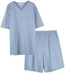 Qianxiu Men's Pajama Set Sleepwear Nightwear Lightweight Quick Dry Soft Short Sleeve V-Neck Pjs Sleep Set With Pockets, Blue, Small