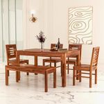 Ramdoot Furniture Solid Sheesham Wood Dining Table 6 Seater | Six Seater Dinning Table with 4 Chairs with Bench for Home | Dining Room Sets for Restraunts | Rosewood, Honey Brown