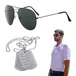 EUPSIIU 2 Pieces Aviators Glasses Pilot Fancy Dress Sunglasses and Dog Tag Solider Military Army Costume Aviators Accessories for Men Women Adults Cosplay Dress up Party Theme Halloween (Black)