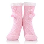 FUSACONY Womens Fuzzy Slipper Socks Non Skid Soft Warm Thick Fleece Lined Christmas Stockings Fluffy Winter Home Socks With Cute Pom Pom (Pink)