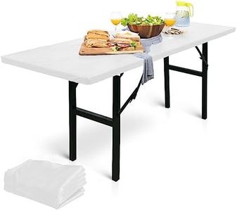 LINPRO 5Pk White Plastic Tablecloths, 6ft Disposable for Parties, Waterproof Outdoor & Folding Tables, Fitted Camping Table Cover with Elastic