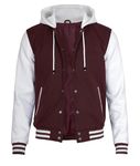 Maroon And White Hooded Varsity Jacket Men - Casual Jackets For Men With Hood | [40170175] Plain White Sleeve, XL