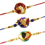 Urvi Creations Men's Resham Work Peacock Wristband Bracelet Rakhi (Multicolour, Set of 3)