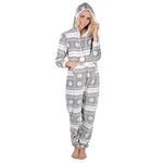 Autumn Faith Ladies Snowflake Fleece All In One Pyjamas Sleepsuit Nightwear - Grey L