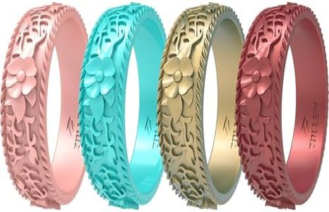Zollen Silicone Wedding Rings for Women 4 Packs -Stackable Silicone Rubber Wedding Bands - Innovative Flower & Vine Collection, size 7