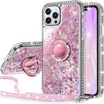 Silverback for iPhone 12 Case,iPhone 12 Pro Case, Moving Liquid Holographic Glitter Case with Kickstand, Girls Women Bling Ring Stand Protective Case for Apple iPhone 12/12 Pro 6.1" -Pink