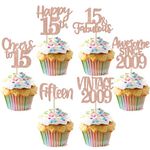 ZHUOWEISM 24 PCS Sweet 15th Birthday Cupcake Toppers Glitter Fifteen 15 Fabulous Vintage 2009 Cupcake Picks for Cheers to 15 Years 15th Birthday Wedding Anniversary Party Cake Decorations Rose Gold