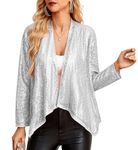 GRACE KARIN Elegant Ruched Open Front Classic Cardigan Jacket for Ladies Formal Sequin Long Sleeve Shrug Cocktail Party Silver S