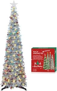 HMASYO 6 FT Pop Up Tinsel Christmas Tree with 100 LED Lights & Remote, Collapsible Artificial Pencil Tree with Snowflake Ornaments Xmas Decoration for Home, Office, Party, USB Powered Timer Lights