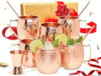 Kitchen Science [Gift Set] Moscow Mule Copper Mugs Set of 6 (16oz) w/Straws & Jigger | 100% Pure Copper Cups, Tarnish-Resistant Food Grade Lacquered Finish, Ergonomic Handle (No Rivet) w/Solid Grip