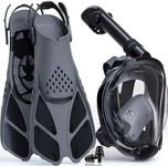 Snorkel Set Adults Full Face Snorkel Mask with Flippers, Snorkeling Mask & Swim Fins, Panoramic View Snorkel Mask Fins Anti-Fog Anti-Leak Foldable Design with Carrying Bag