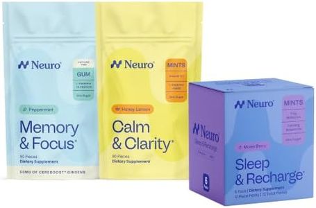 Neuro Cognitive Balance Bundle - Memory & Focus Nootropic Gum (Peppermint, 90 Count), Sleep & Recharge Melatonin Mints (Berry, 72 Count), Calm & Clarity Stress Support Mints (Honey Lemon, 90 Count)