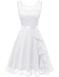 BeryLove Women's Cocktail Dresses Prom Wedding Guest Short Bridesmaid Dresses Ruffle Hem Sleeveless Lace Formal Dress, White, Large